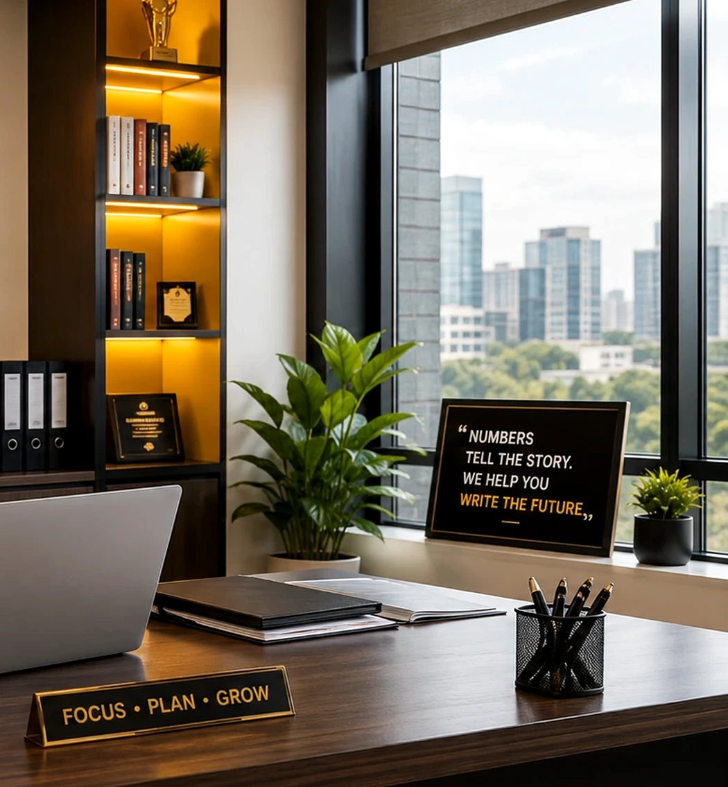 Professional AccountRite office workspace with laptop, desk and city view